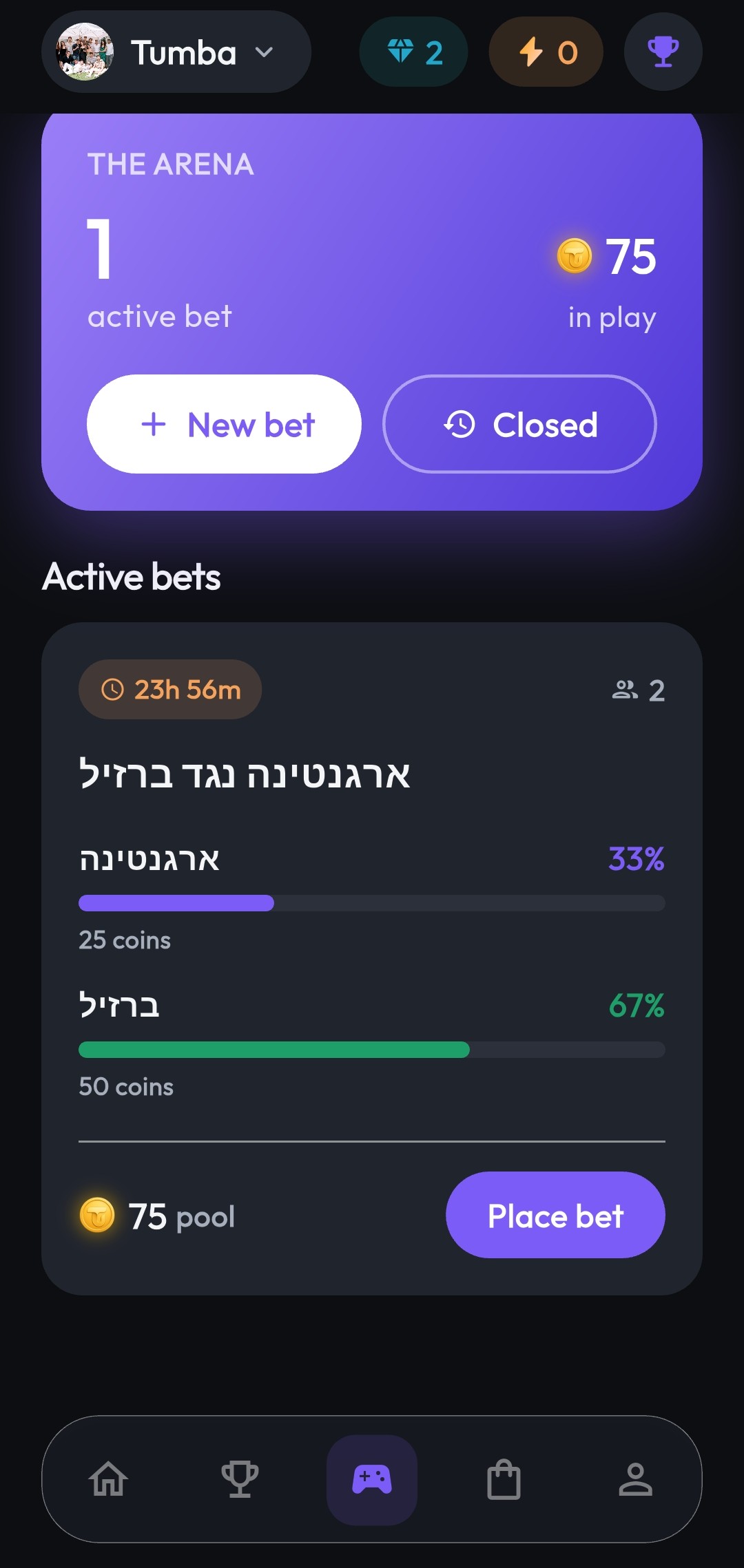 מסך הימורים חברתיים ב-TUMBAPP
