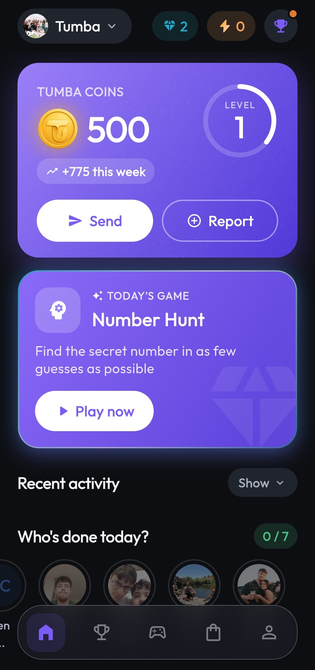 מסך הבית של TUMBAPP — Coins, רמה ומשחק יומי