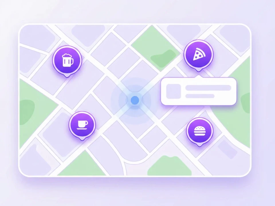 מפת TUMBAPP עם סימוני בתי עסק משתתפים סביב המיקום שלכם וכרטיס הטבה פתוח